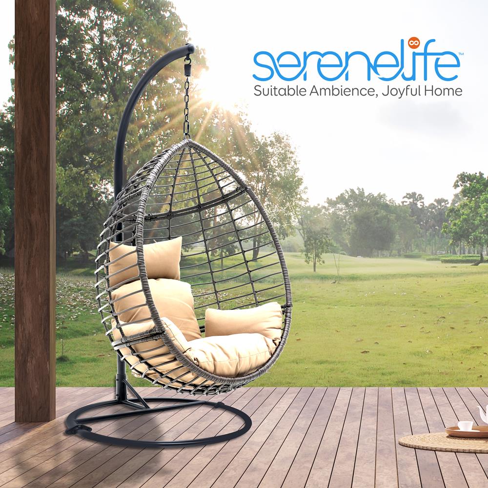 Serenelife Furniture Hängesessel Rattan Braun Egg Chair UV Kissen