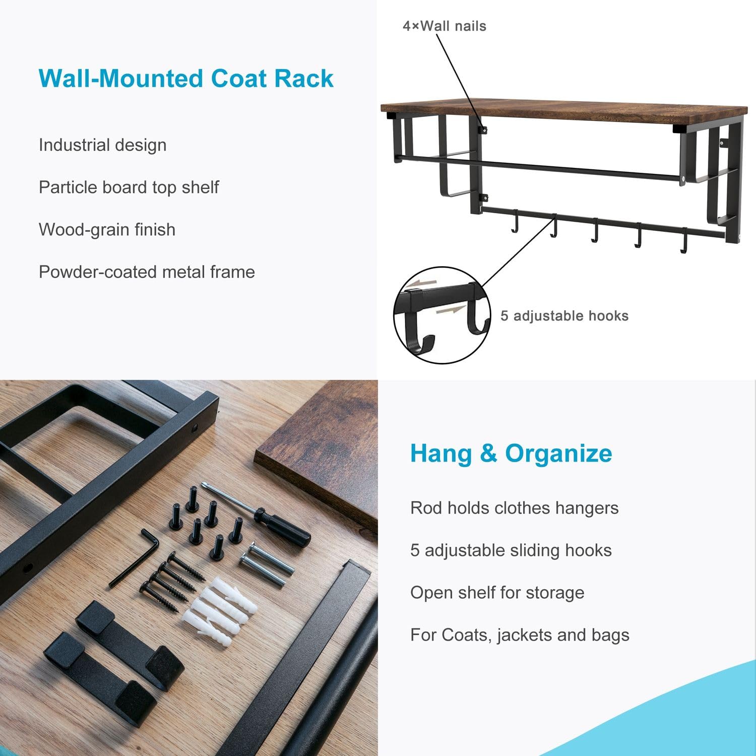 Intirilife Wandgarderobe 60x30x27 cm mit Ablage und 5 Haken