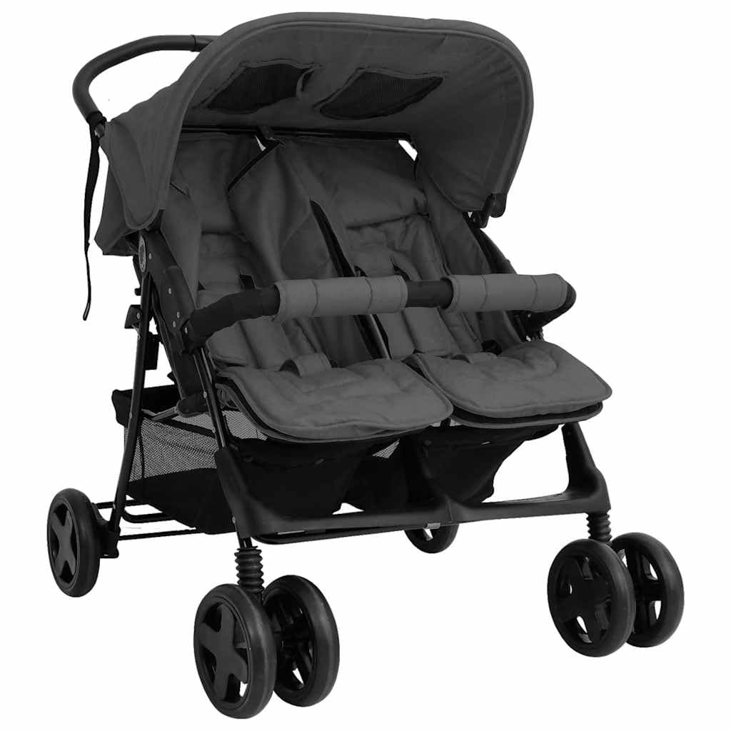 vidaXL Geschwisterwagen Zwillingsbuggy Dunkelgrau Stahl 80x96x104