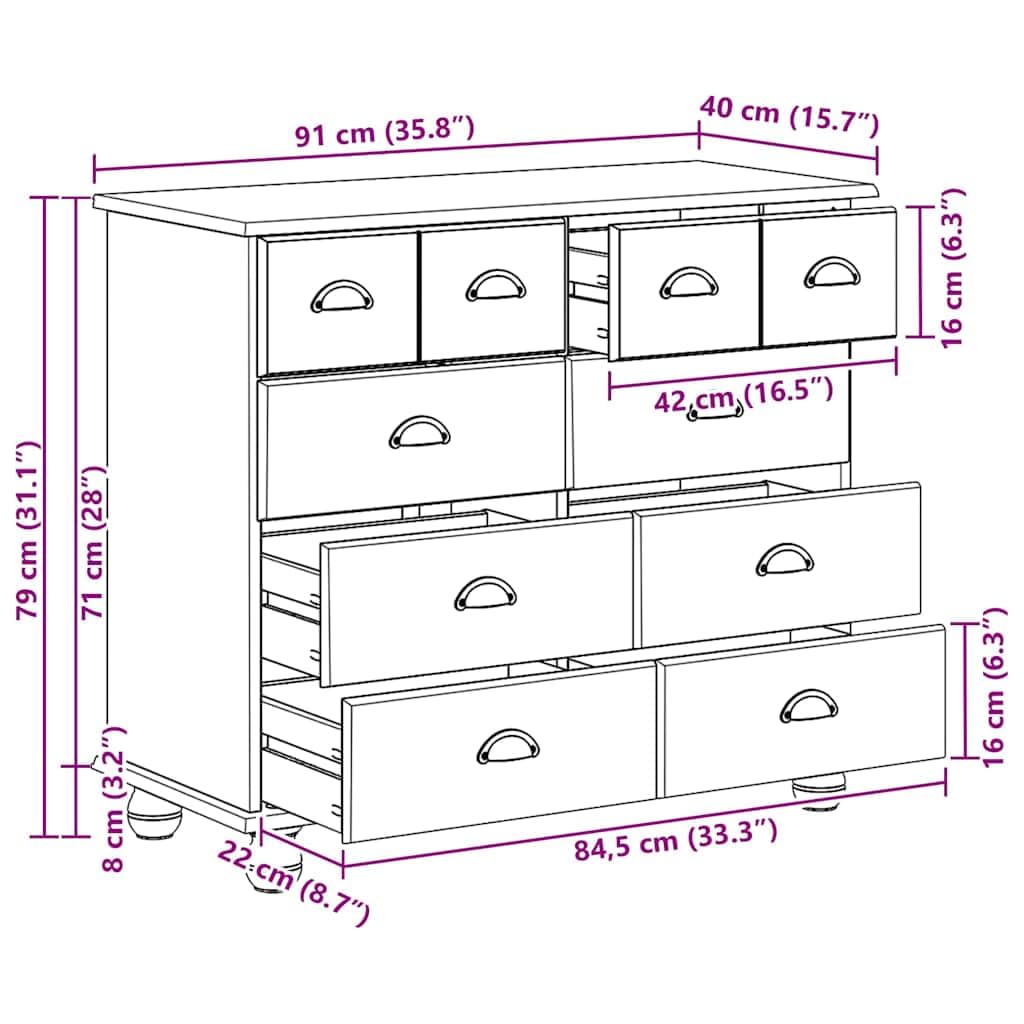 vidaXL ASKIM Schubladenkommode Kiefer Kommode Braun 91x40x79 8 Schub