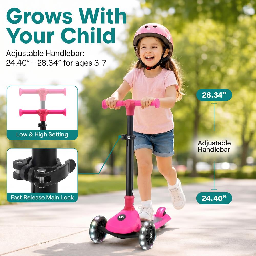 Serenelife Scooters Kinderroller 3 Räder Pink LED