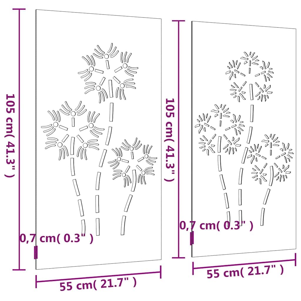 vidaXL Garten-Wanddeko 2-tlg. 105x55 cm Cortenstahl Blumen