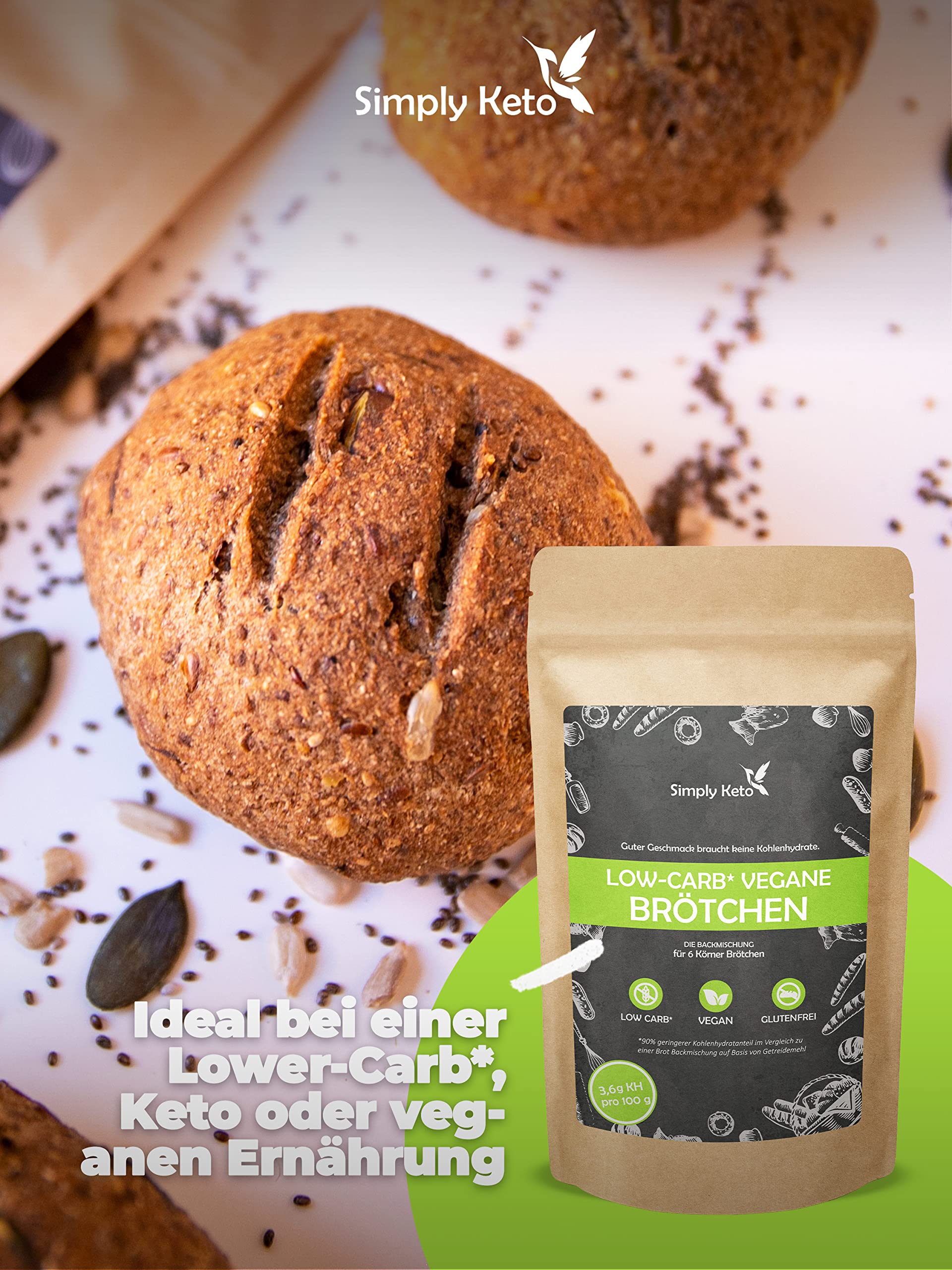 Keto Vegane Lower Carb Brötchen Backmischung 335g glutenfrei