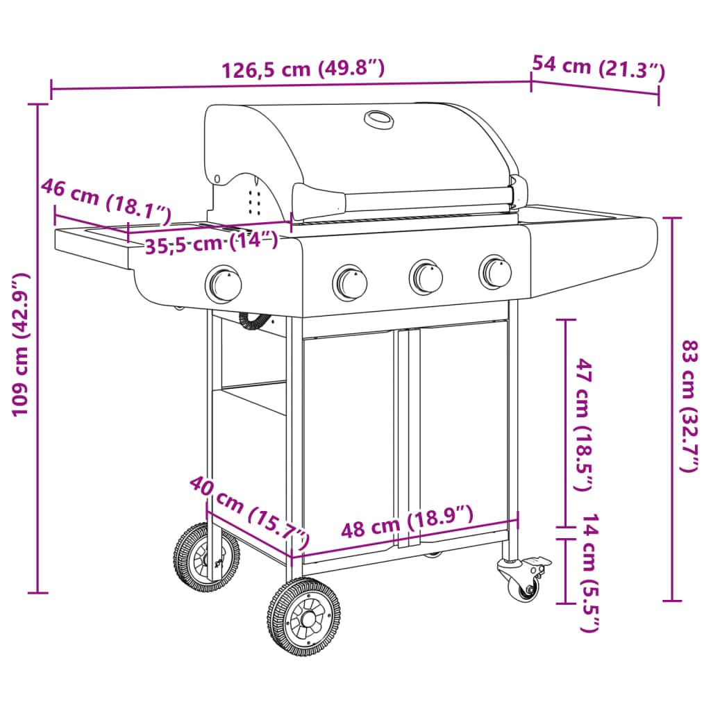 vidaXL Gasgrill 4 Flammen Edelstahl Silber mit Rädern
