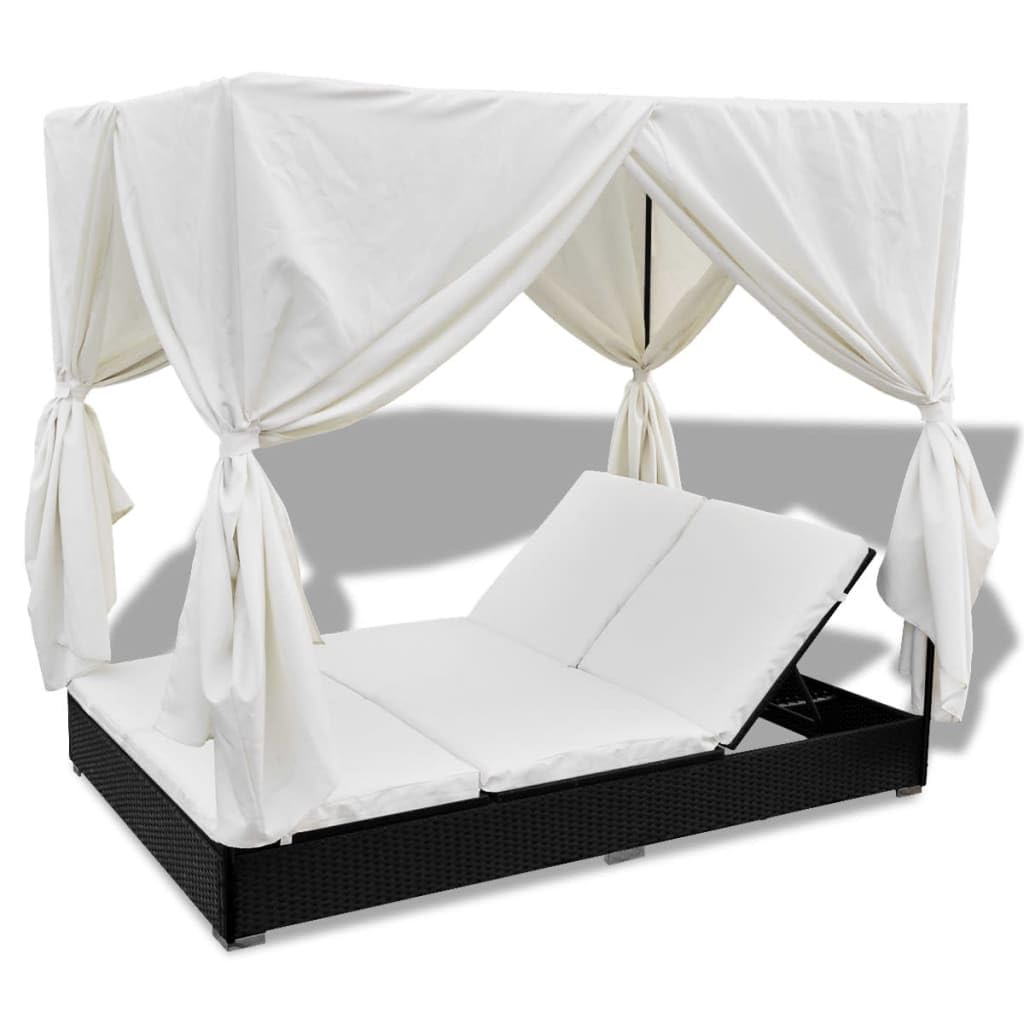 vidaXL Outdoor-Loungebett Poly Rattan Schwarz mit Vorhang