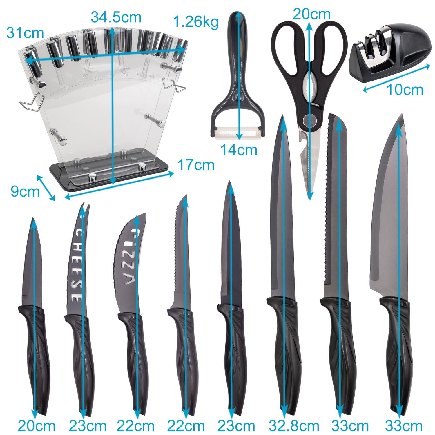 Intirilife Messerset 17-teilig Messerblock Schwarz Edelstahl