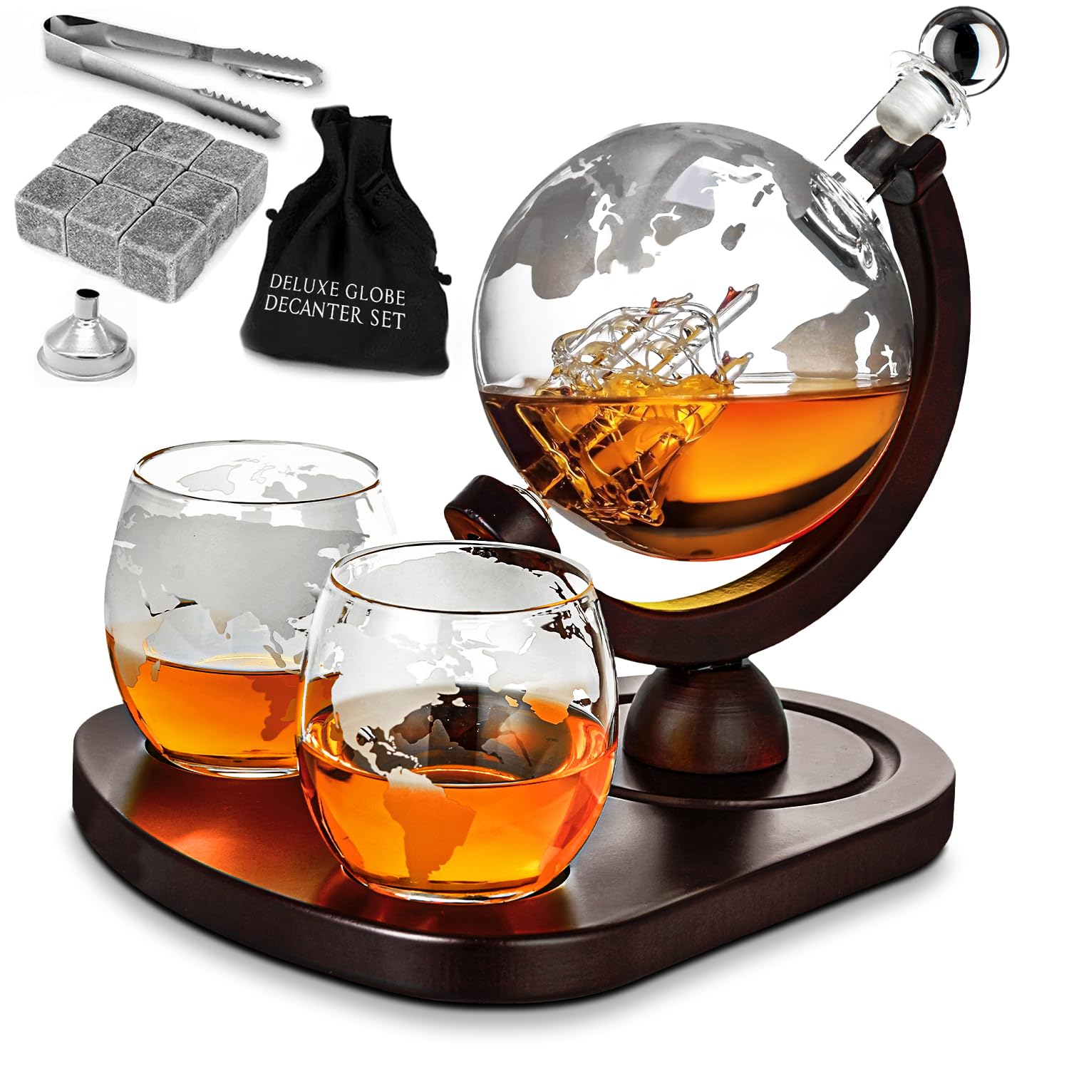 Mikamax Globe Decanter Whisky Karaffe 900 ml Set 2 Gläser Steine