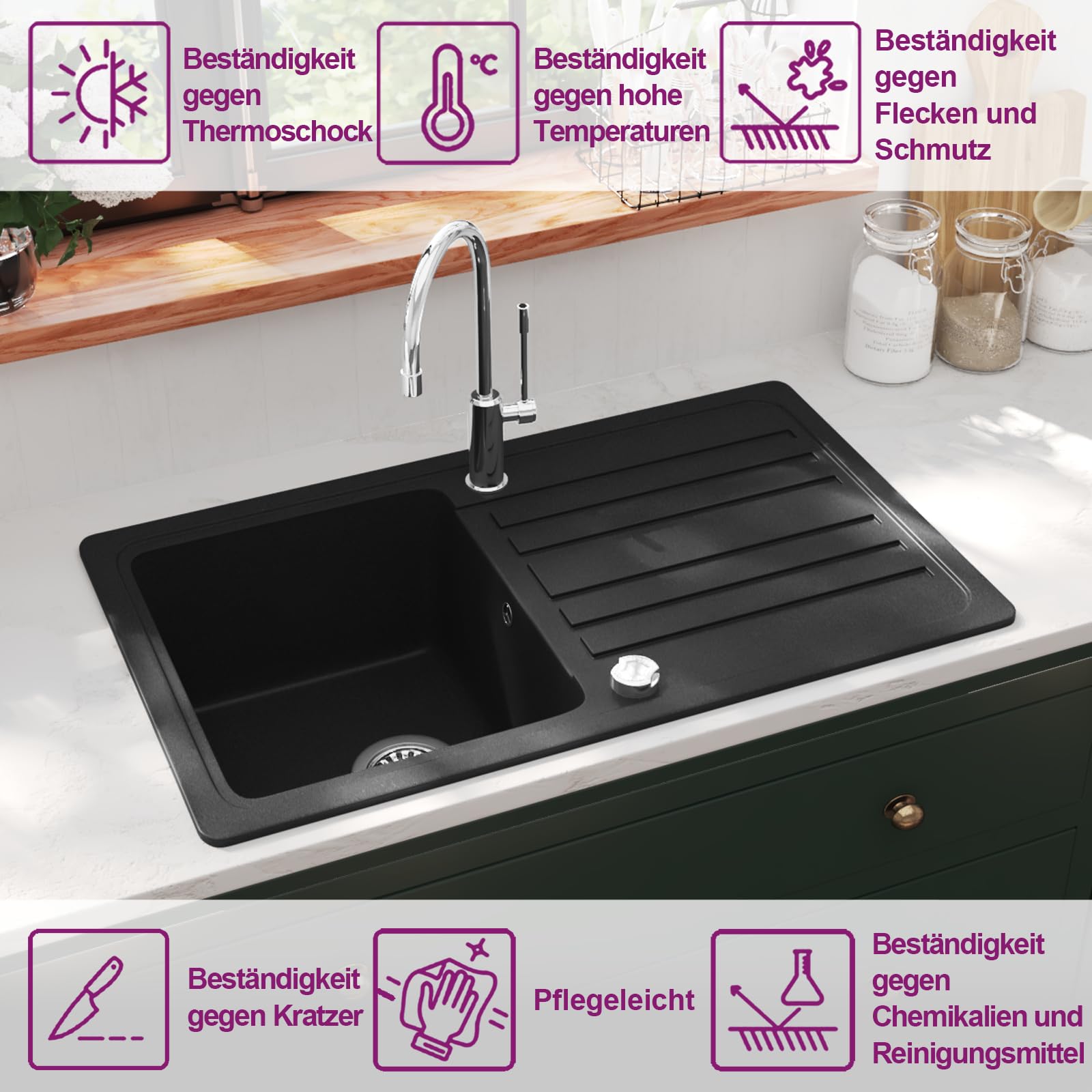 vidaXL Granitspüle Schwarz Reversibel mit Abtropffläche