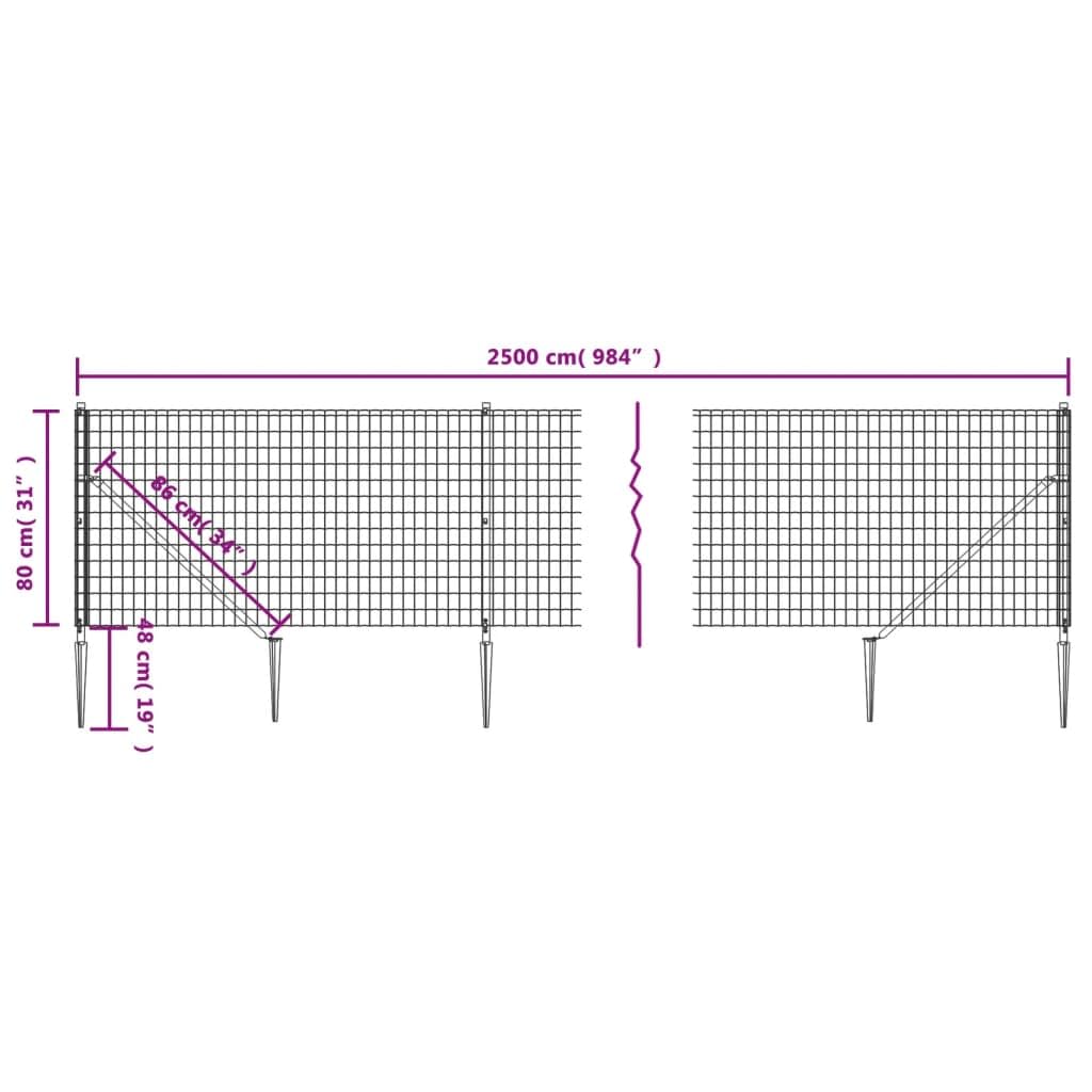 vidaXL Maschendrahtzaun 0,8x25m Anthrazit mit Bodenhülsen