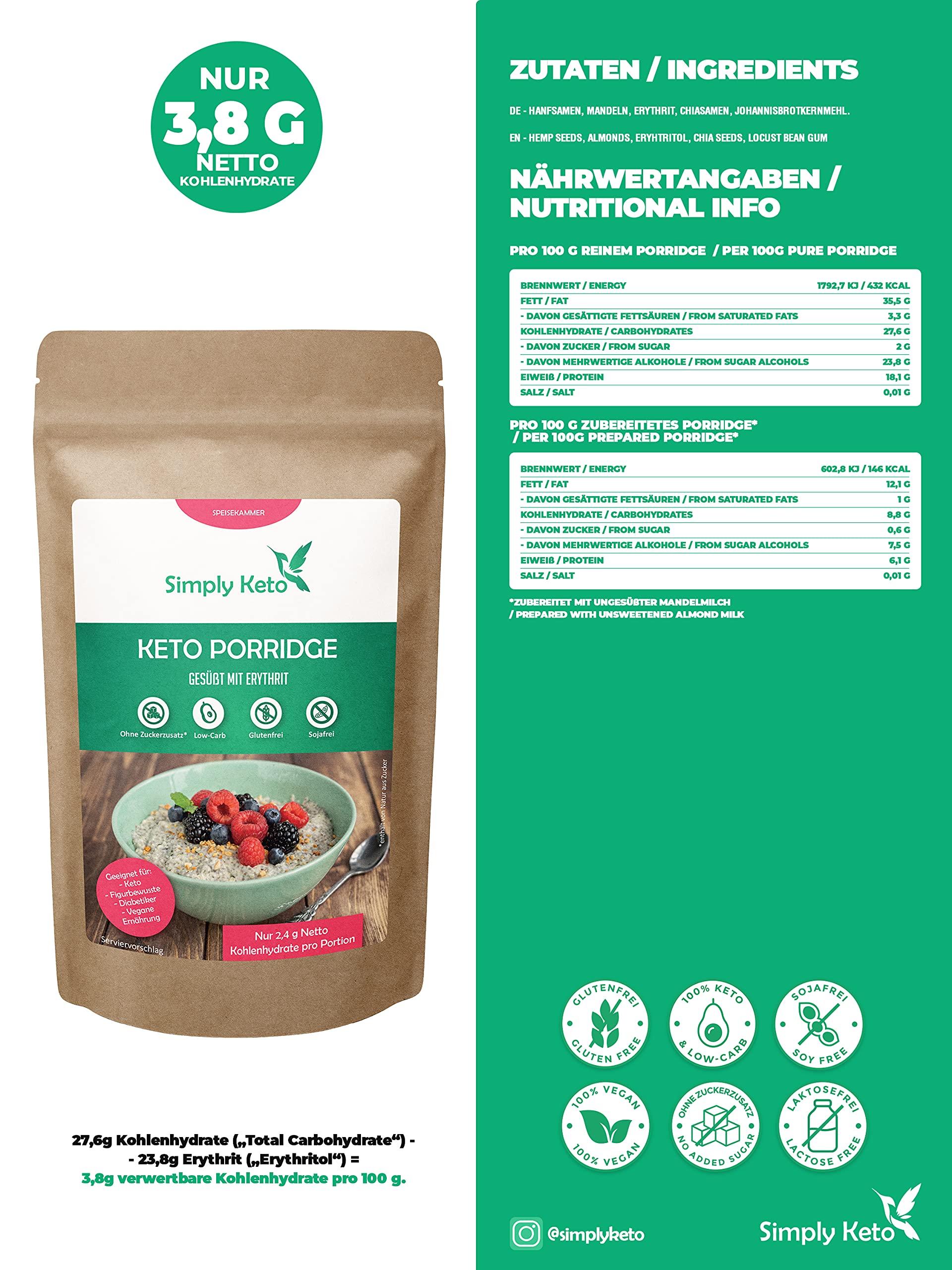 Keto Simply Keto Porridge zuckerfrei 980 g Low Carb