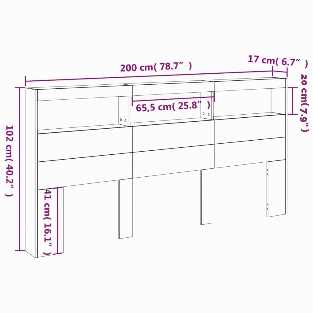 vidaXL Möbel LED-Kopfteil 200x17x102 cm Grau Sonoma Ablage