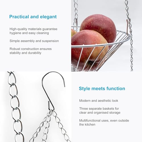 Intirilife Küchenampel Hängekorb silber 3-etagig Obstkorb 73 cm