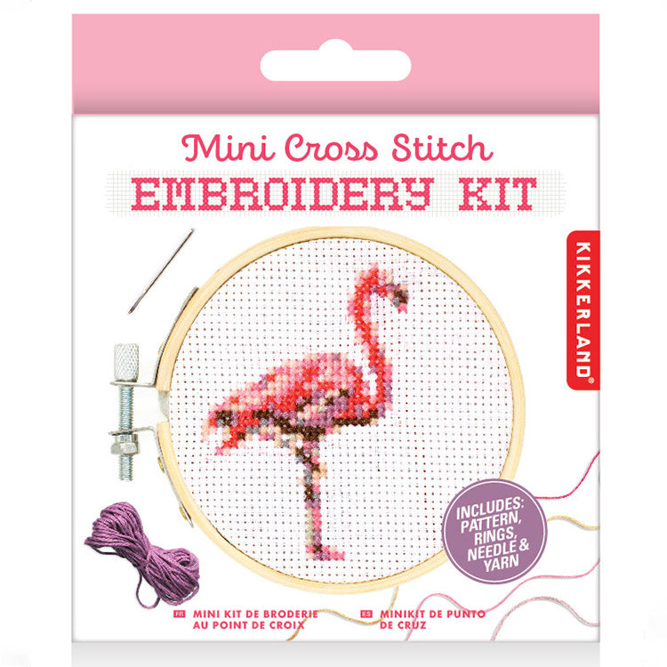 Kikkerland Crafters Flamingo Mini Kreuzstich Stickset Bambusrahmen