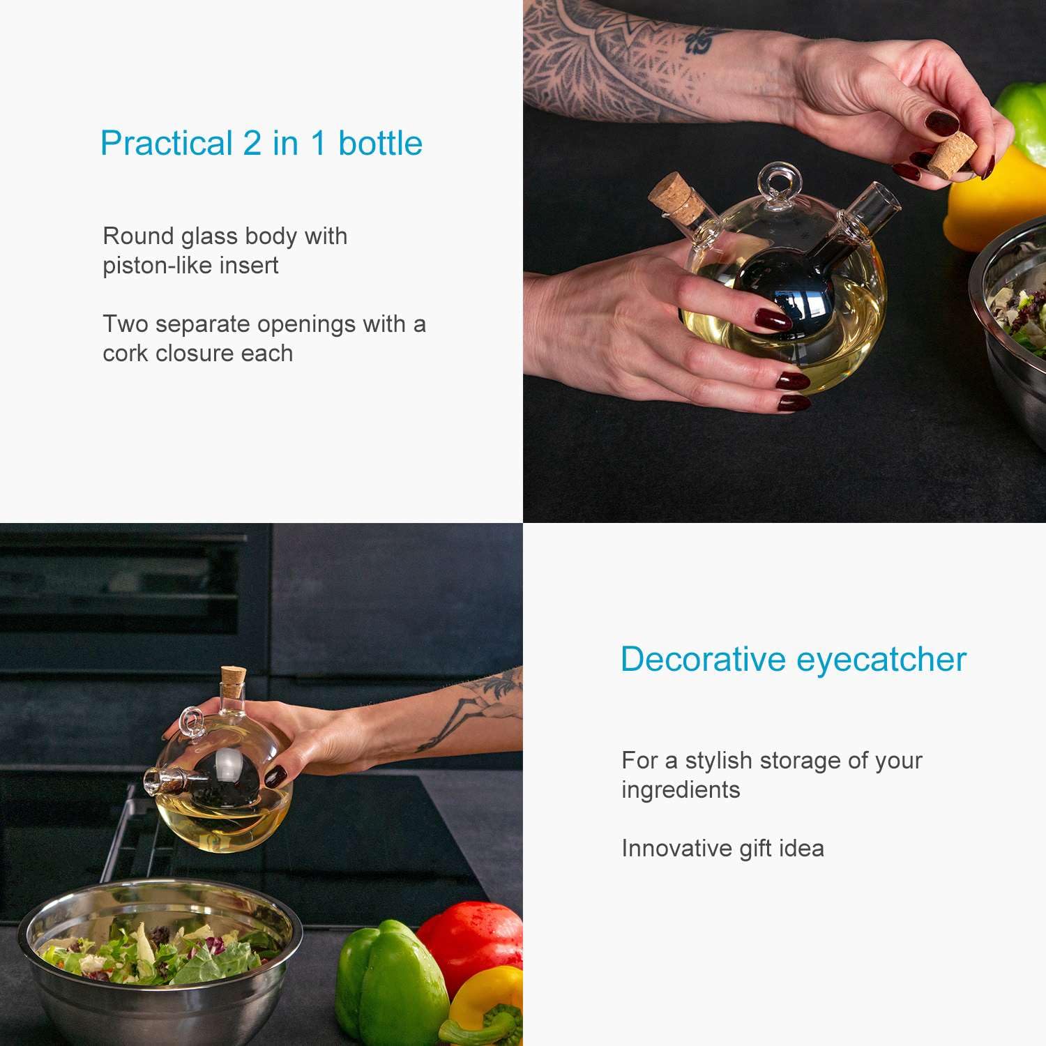 Intirilife Küche Essig- Ölspender Glas 2-in-1 350ml Korken