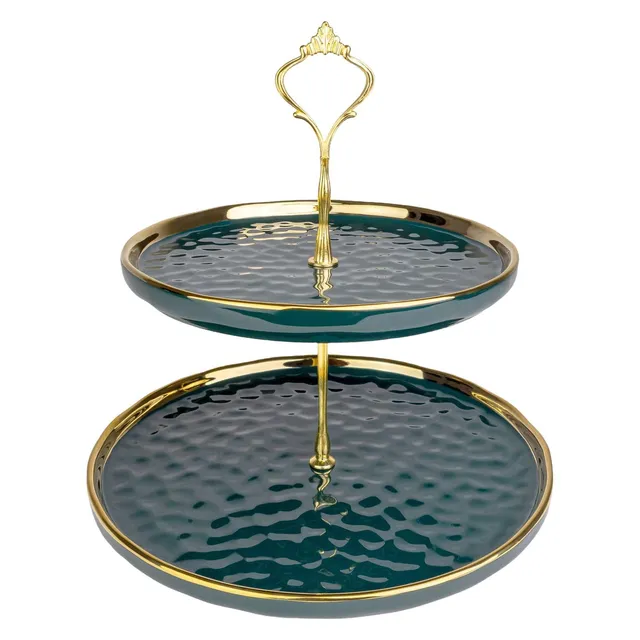 Intirilife Etagere Porzellan 2 Etagen Grün Gold 25,5 cm