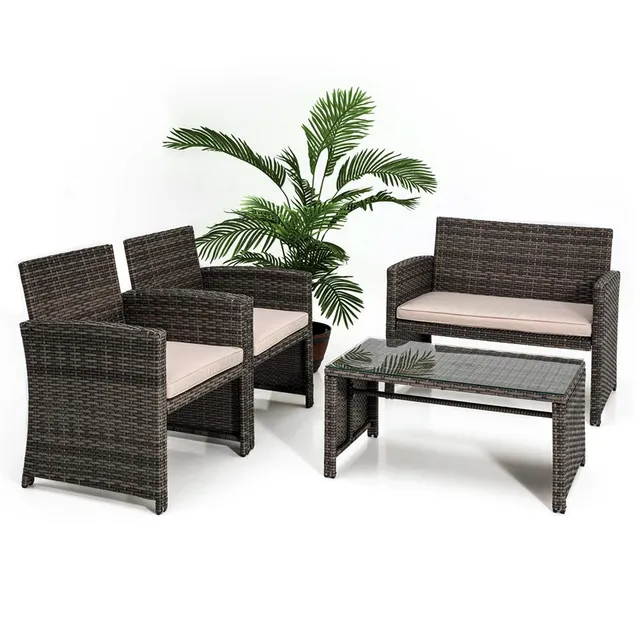 Serenelife Rattan Sitzgruppe 4-teilig Braun Beige Kissen Glastisch