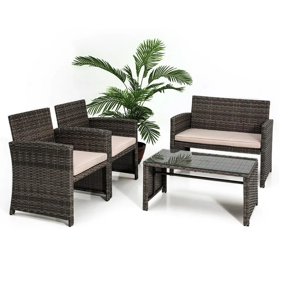 Serenelife Rattan Sitzgruppe 4-teilig Braun Beige Kissen Glastisch