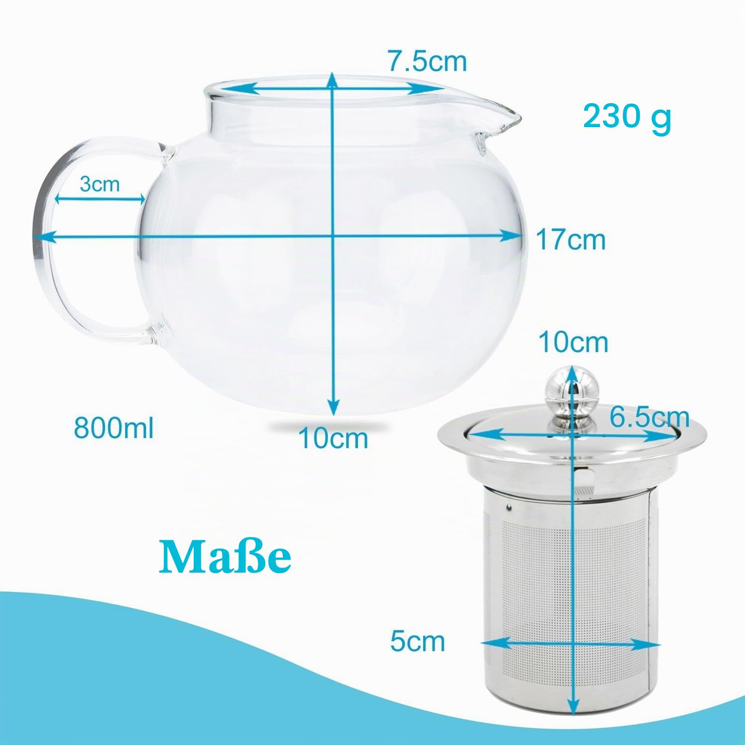 Intirilife Teekanne 800 ml Klar Borosilikatglas mit Filter