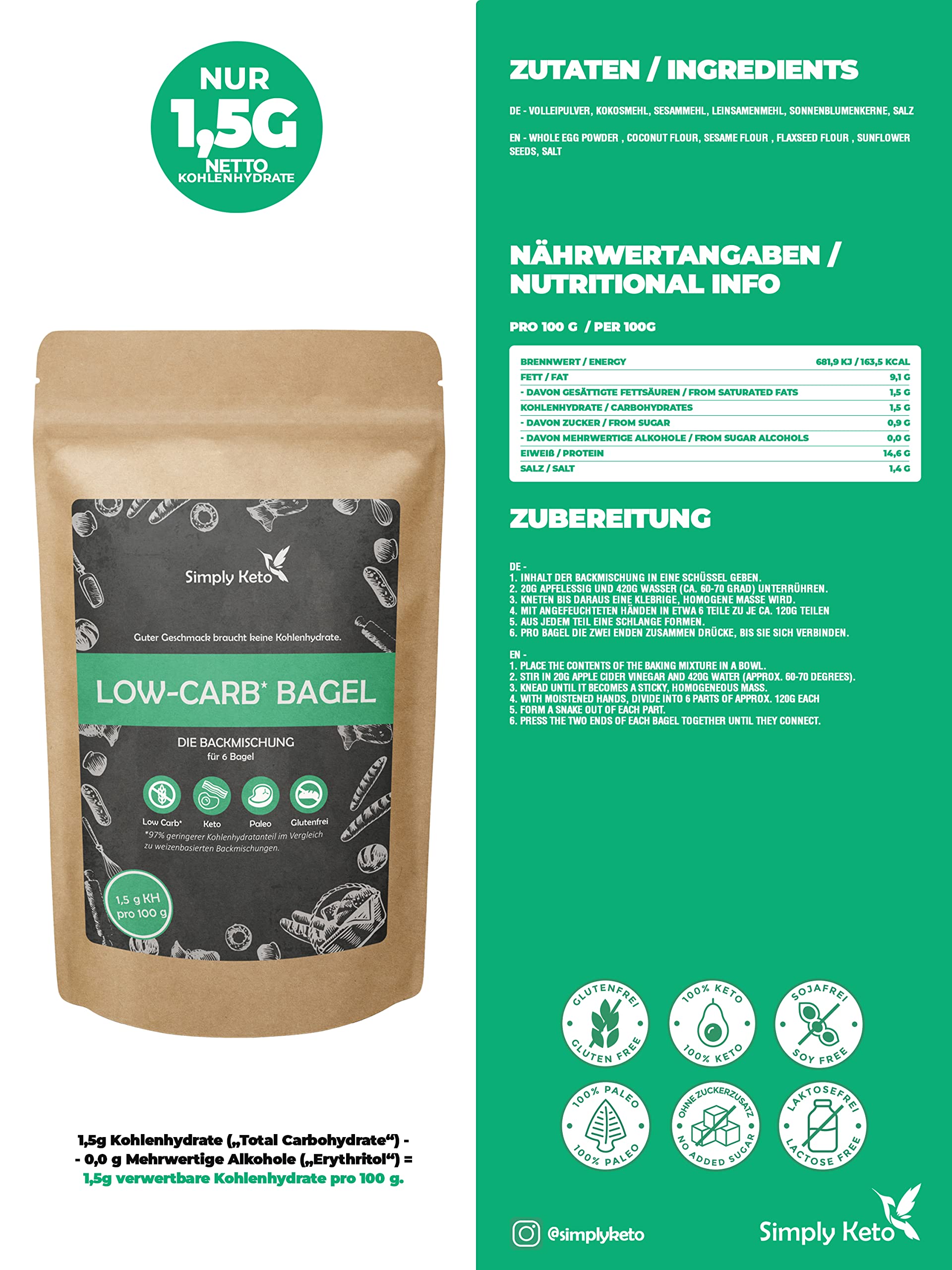 Keto Lower Carb Bagel Backmischung 335g glutenfrei
