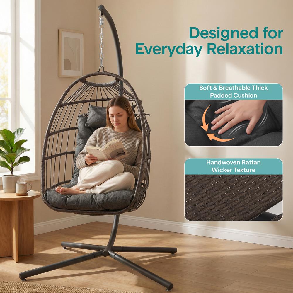 Serenelife Furniture Hängesessel Rattan grau faltbar 350 lbs