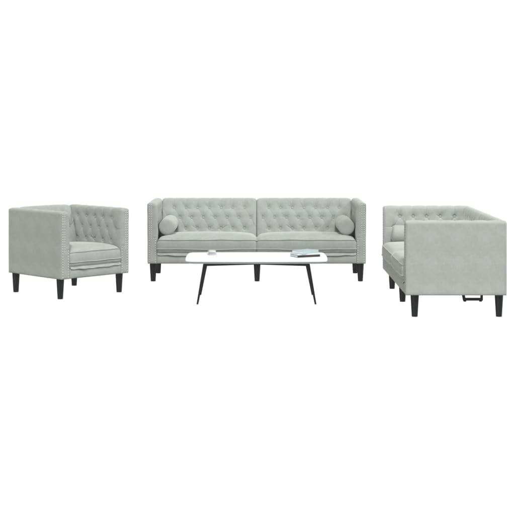 vidaXL Möbel Chesterfield Sofa-Set Hellgrau Samt 3-TLG. Nackenrollen