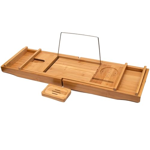 Intirilife Badewannenablage Bambus ausziehbar 73-111 cm Weinglas