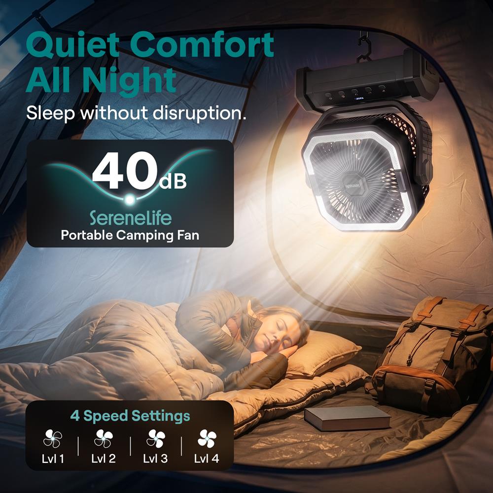 Serenelife Camping Akku Ventilator Schwarz 10000mAh mit LED