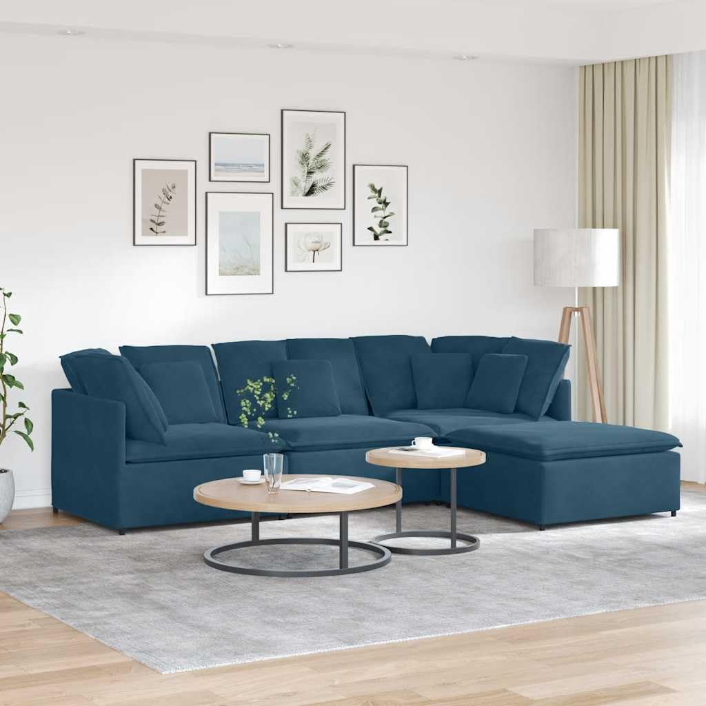 vidaXL Modulares Sofa Samt Blau mit Fußhocker Kissen Couch