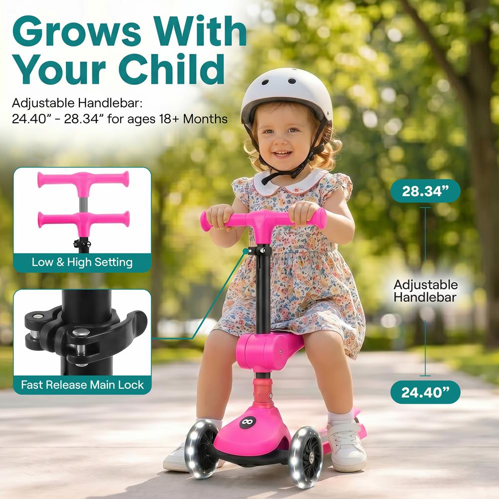 Serenelife Scooters Kinderroller 3-Rad Pink LED mit Sitz