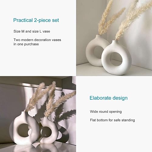 Intirilife Vasen Set 2-teilig Weiß Keramik rund Donut 23 cm