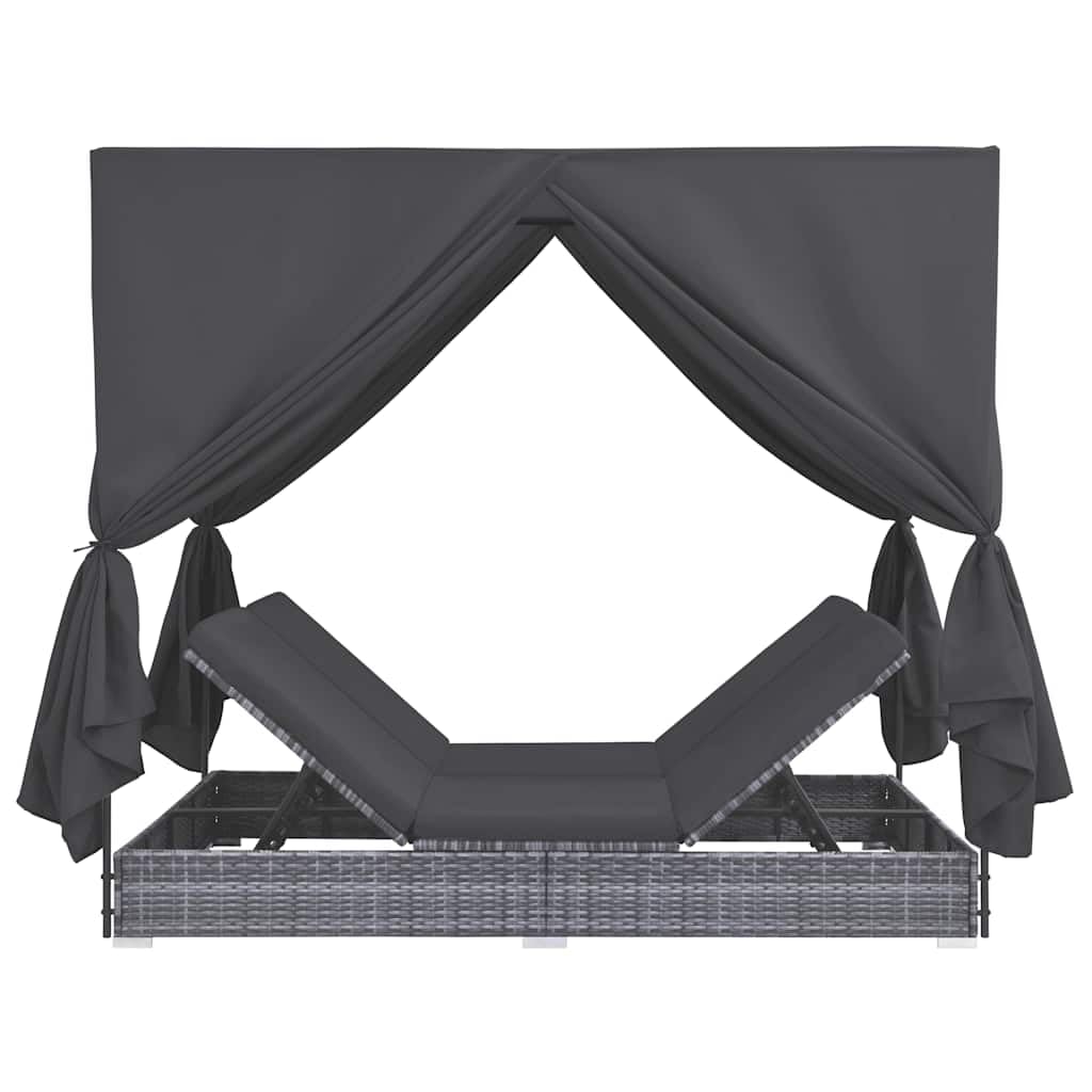 vidaXL Outdoor-Lounge-Bett Poly Rattan Grau Vorhänge verstellbar