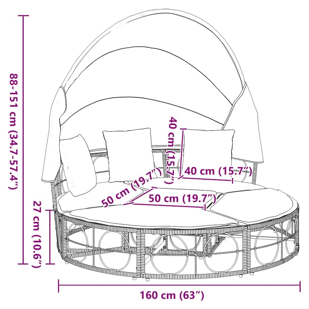 vidaXL Outdoor-Loungebett mit Dach Schwarz Poly Rattan Kissen