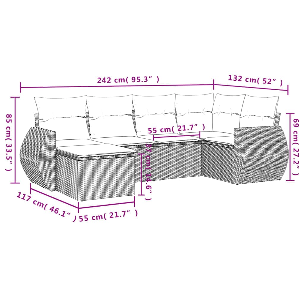 vidaXL Garten-Sofagarnitur 6-tlg. Schwarz Poly Rattan mit Kissen