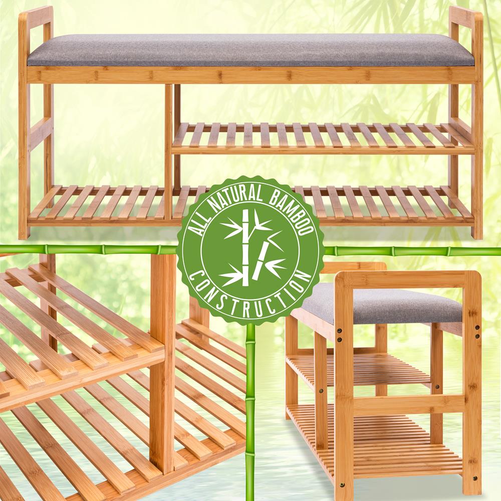 Serenelife Schuhbank Bambus 3-stufig mit Sitzkissen Natur