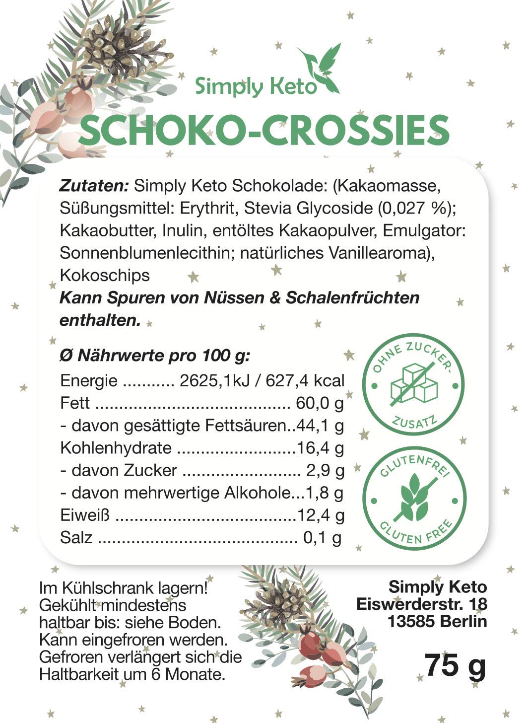 Simply Keto Schoko Crossies 75g Kokos Edelbitter Erythrit