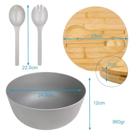 Intirilife Salatschüssel Grau 3,5 L mit Bambusdeckel