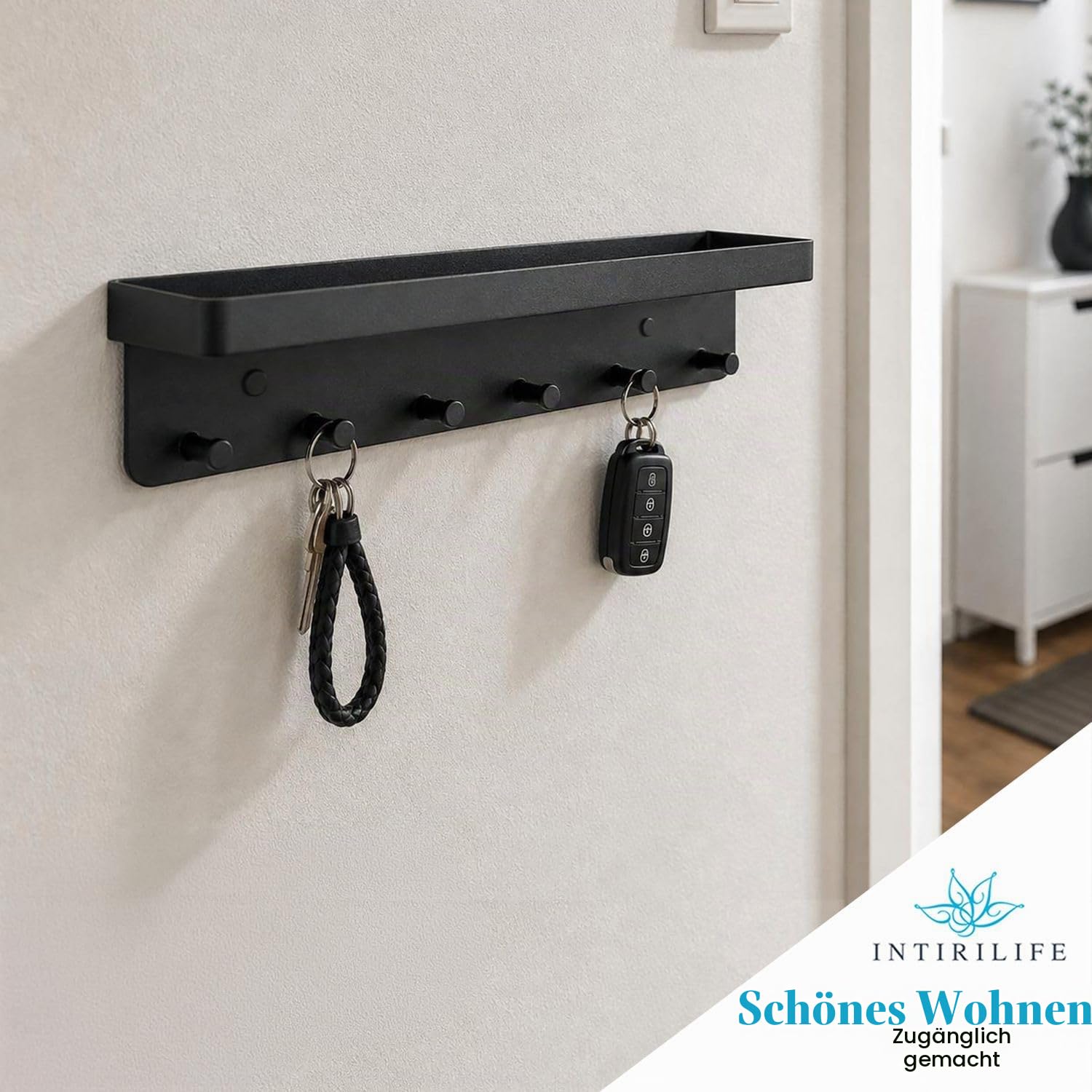 Intirilife Schlüsselbrett Schwarz 24,5 cm 6 Haken Edelstahl