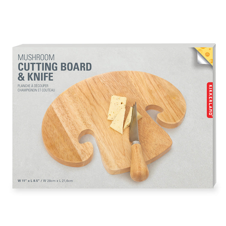 Kikkerland Kitchen Mushroom Schneidebrett Holz mit Messer