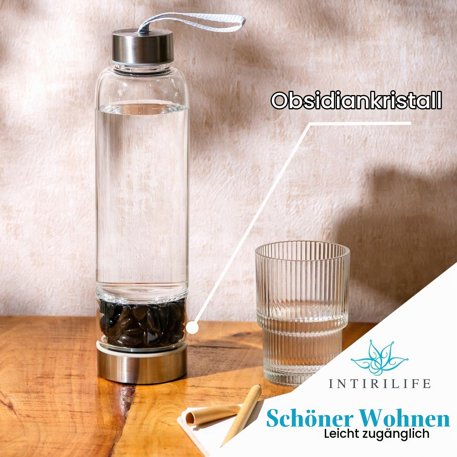 Intirilife Trinkflasche Glas Obsidian 400 ml mit Tasche