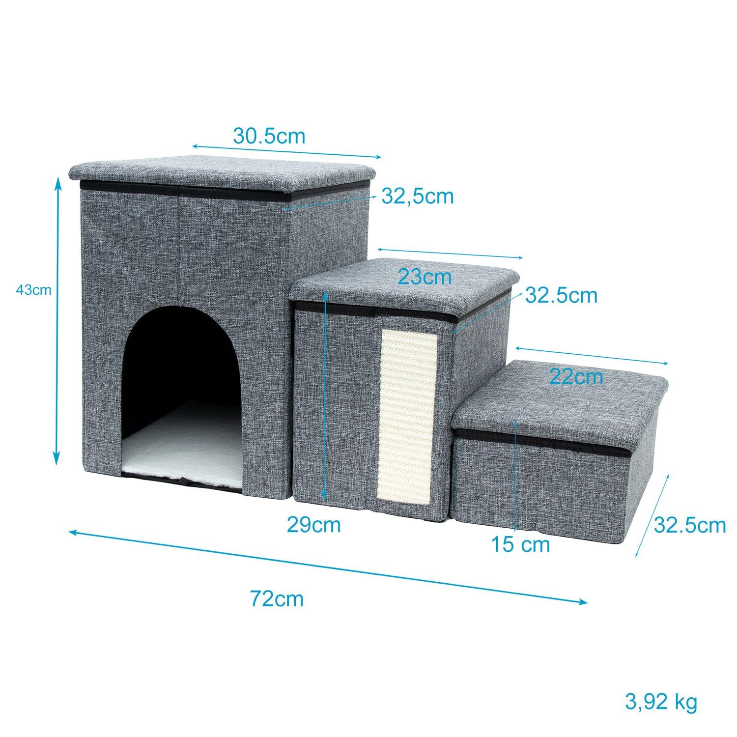 Intirilife Hundetreppe faltbar Grau 3 Stufen 72x32,5x43 cm