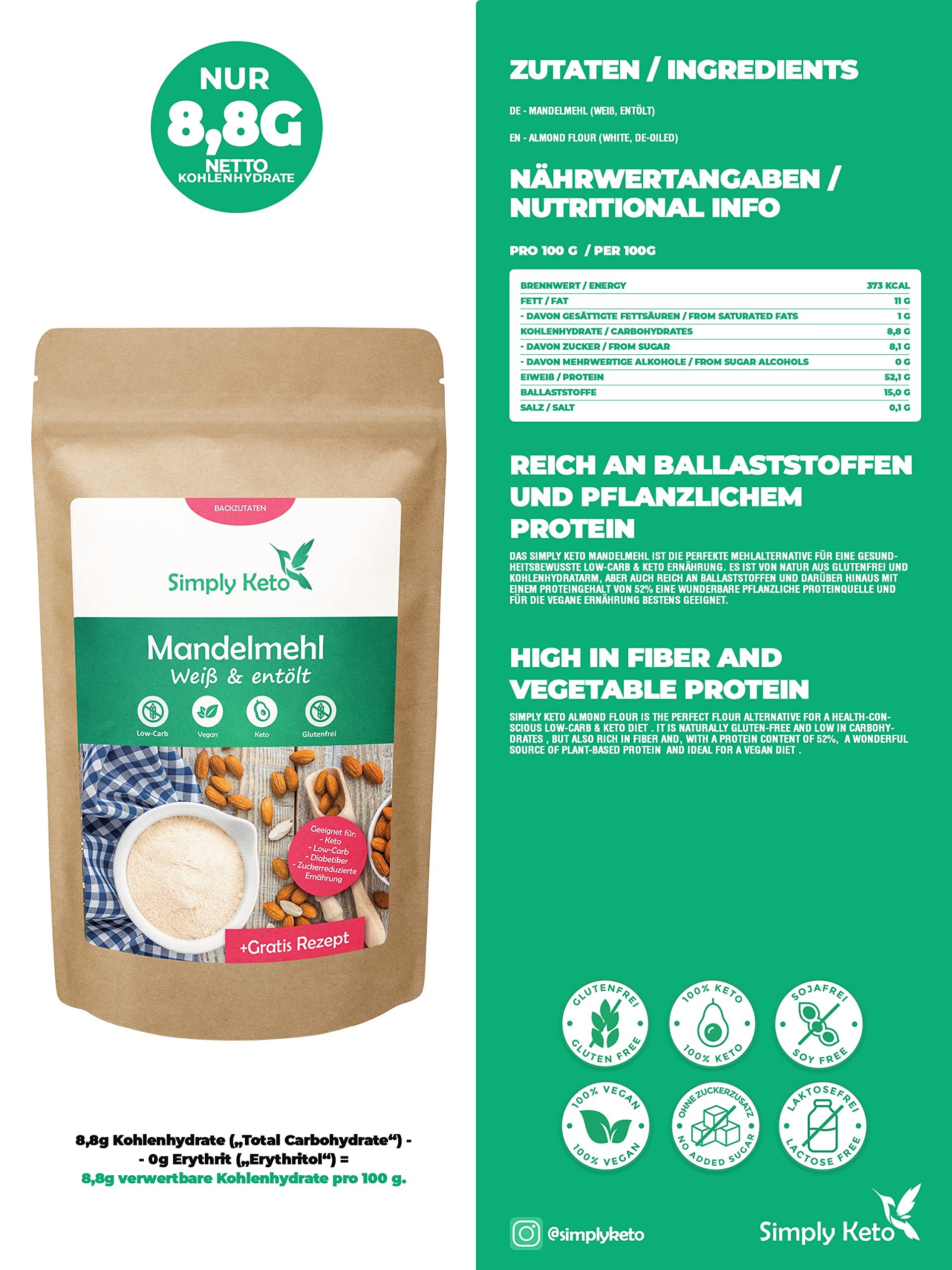 Simply Keto Mandelmehl entölt Backmehl 500 g glutenfrei