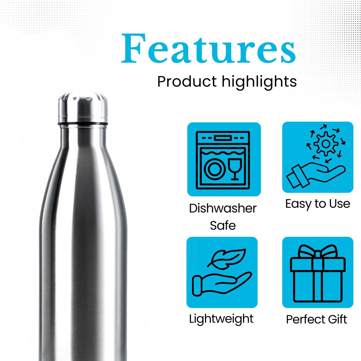 Intirilife Trinkflasche Edelstahl 1 Liter Silber Isolierflasche