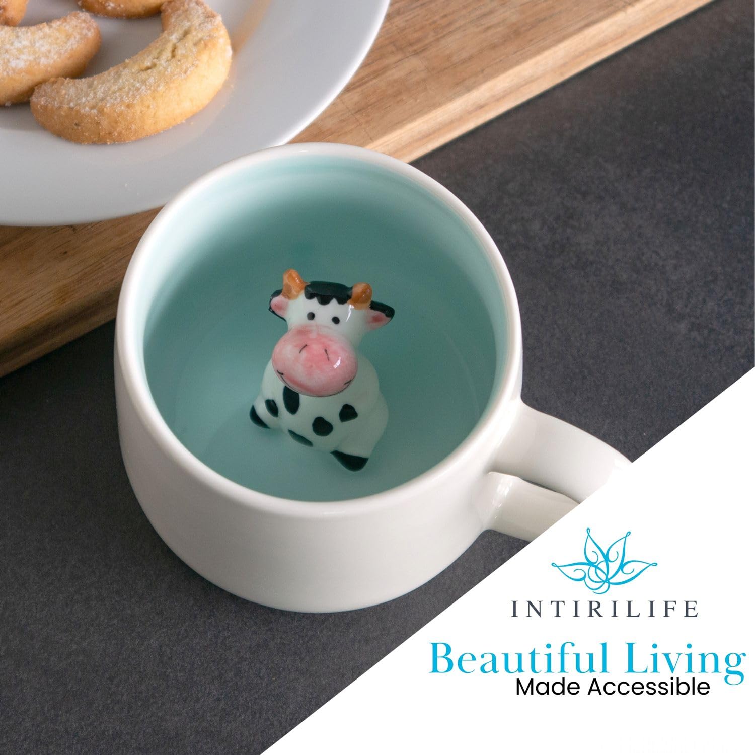 Intirilife Tasse Kuh 300 ml Keramik Becher 3D Tiermotiv Henkel