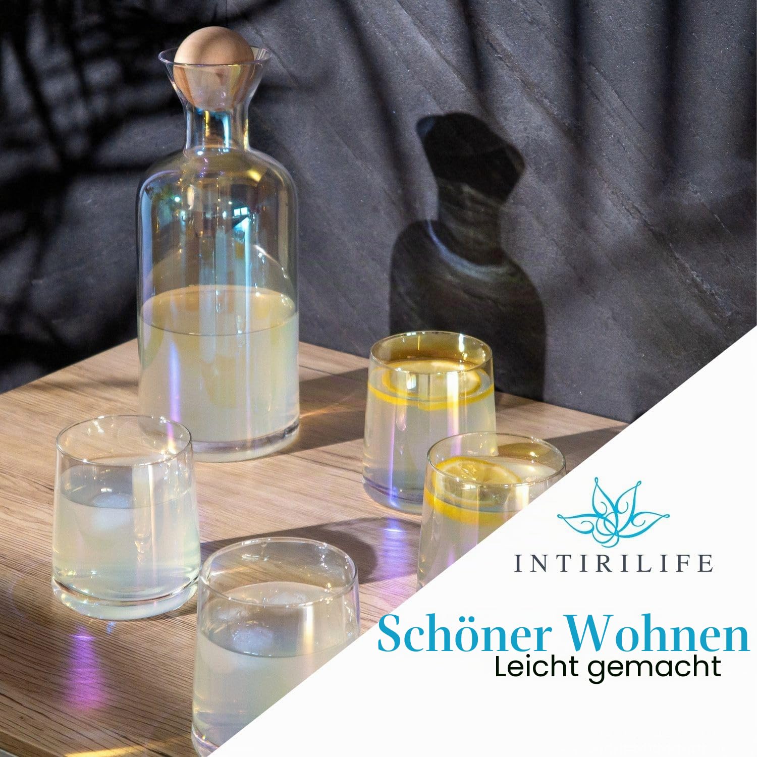 Intirilife Karaffe mit 4 Gläsern Glas 1,1 L Regenbogen Geschenkset