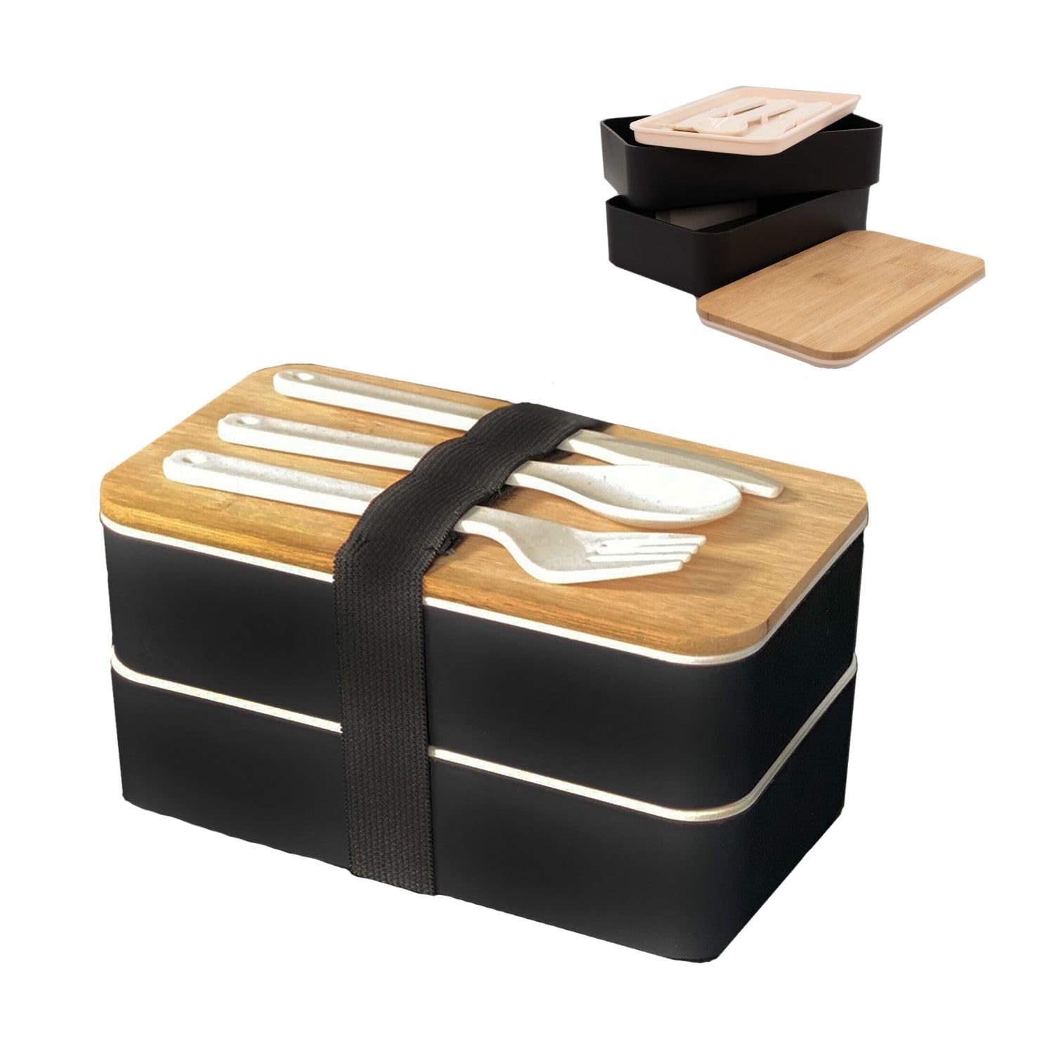Intirilife Bento Box Lunchbox weiß 2 Ebenen Bambusdeckel Besteck