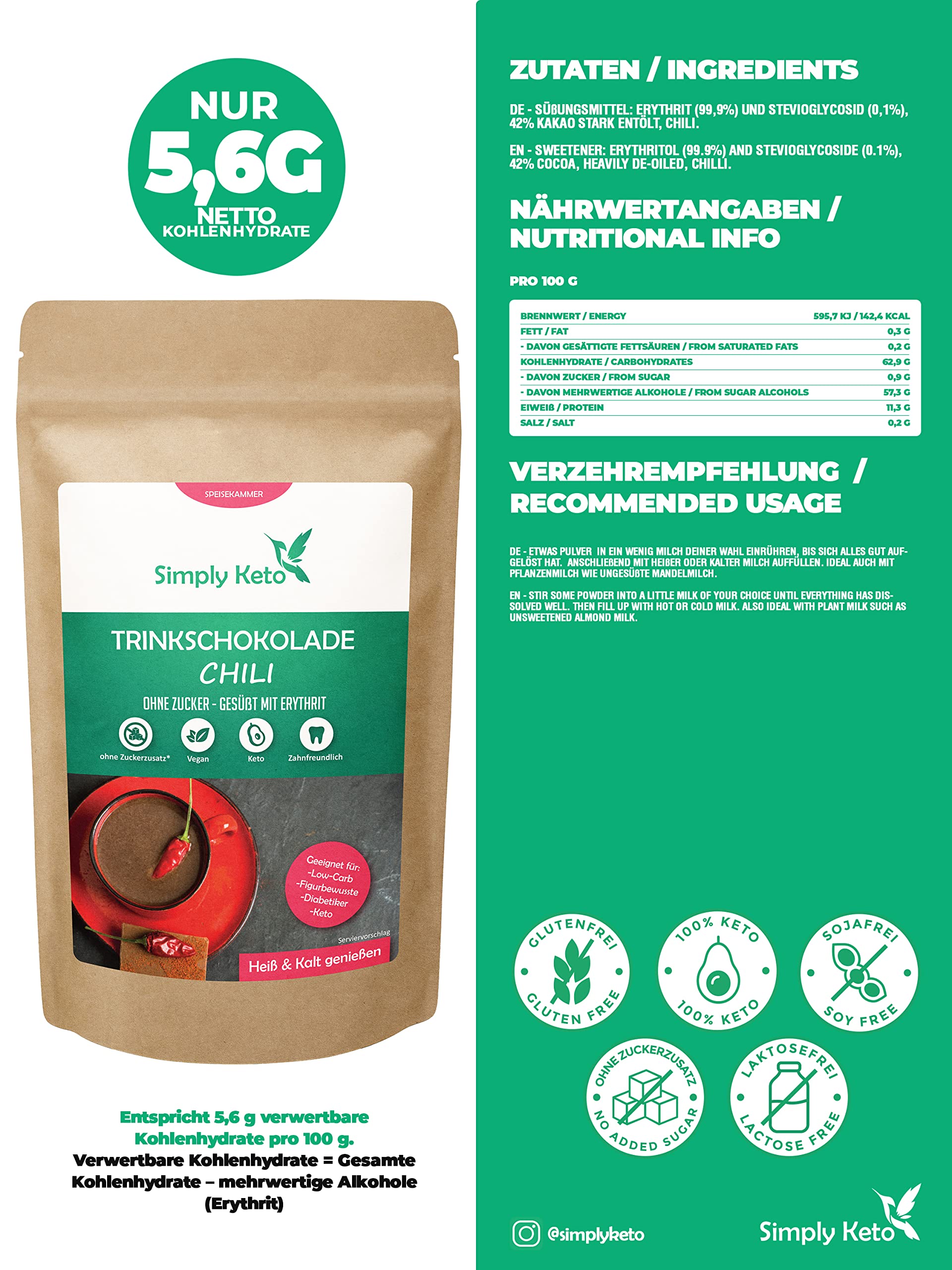 Simply Keto Trinkschokolade Chili 180 g Kakaopulver zuckerfrei