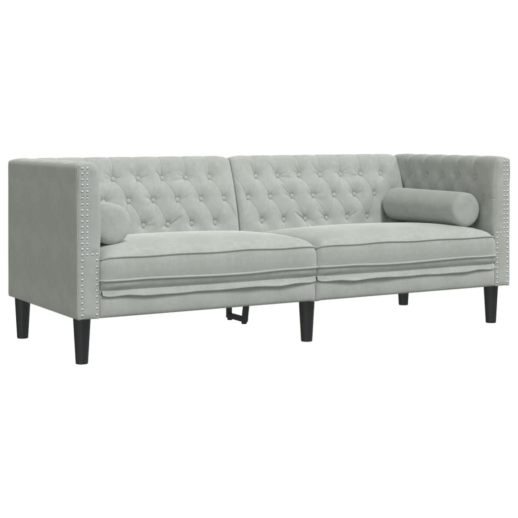 vidaXL Möbel Chesterfield Sofa-Set Hellgrau Samt 3-TLG. Nackenrollen