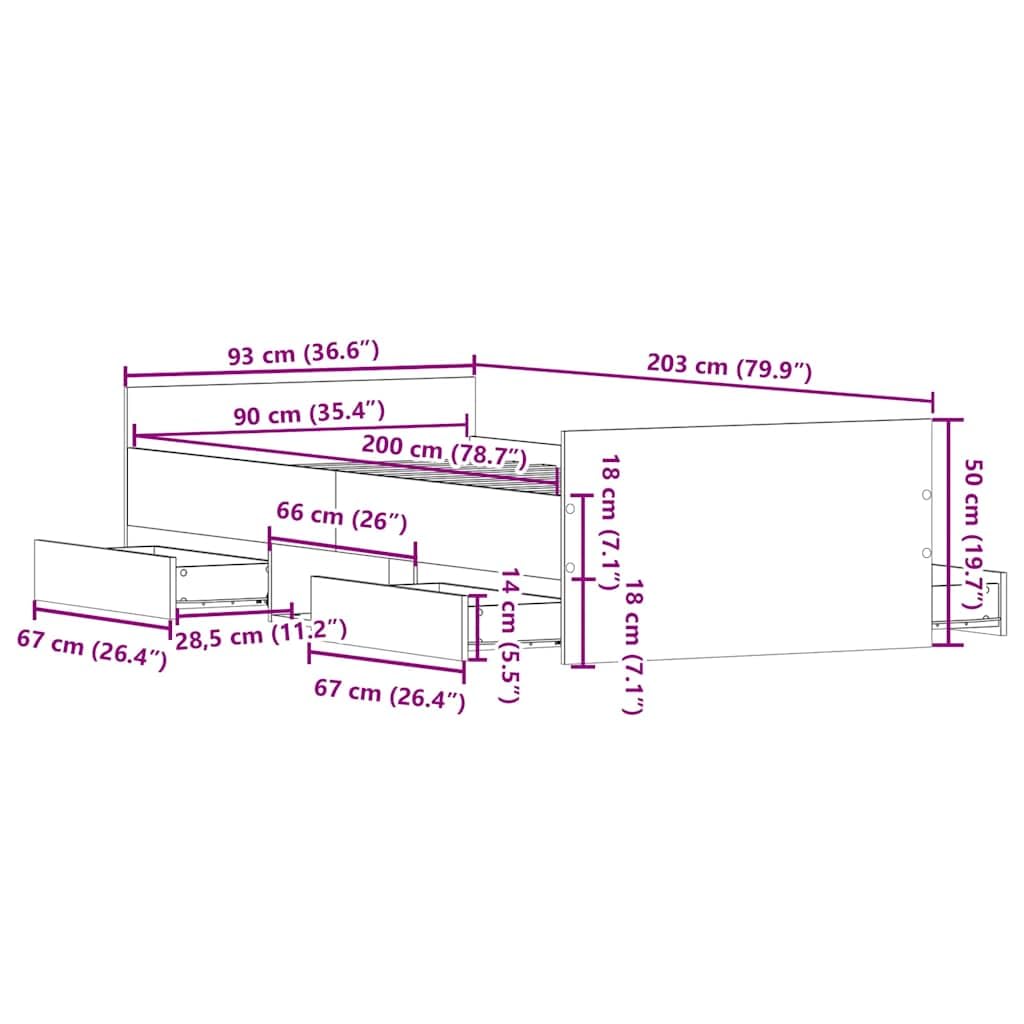 vidaXL Bettgestell 90x200 Sonoma-Eiche mit Stauraum