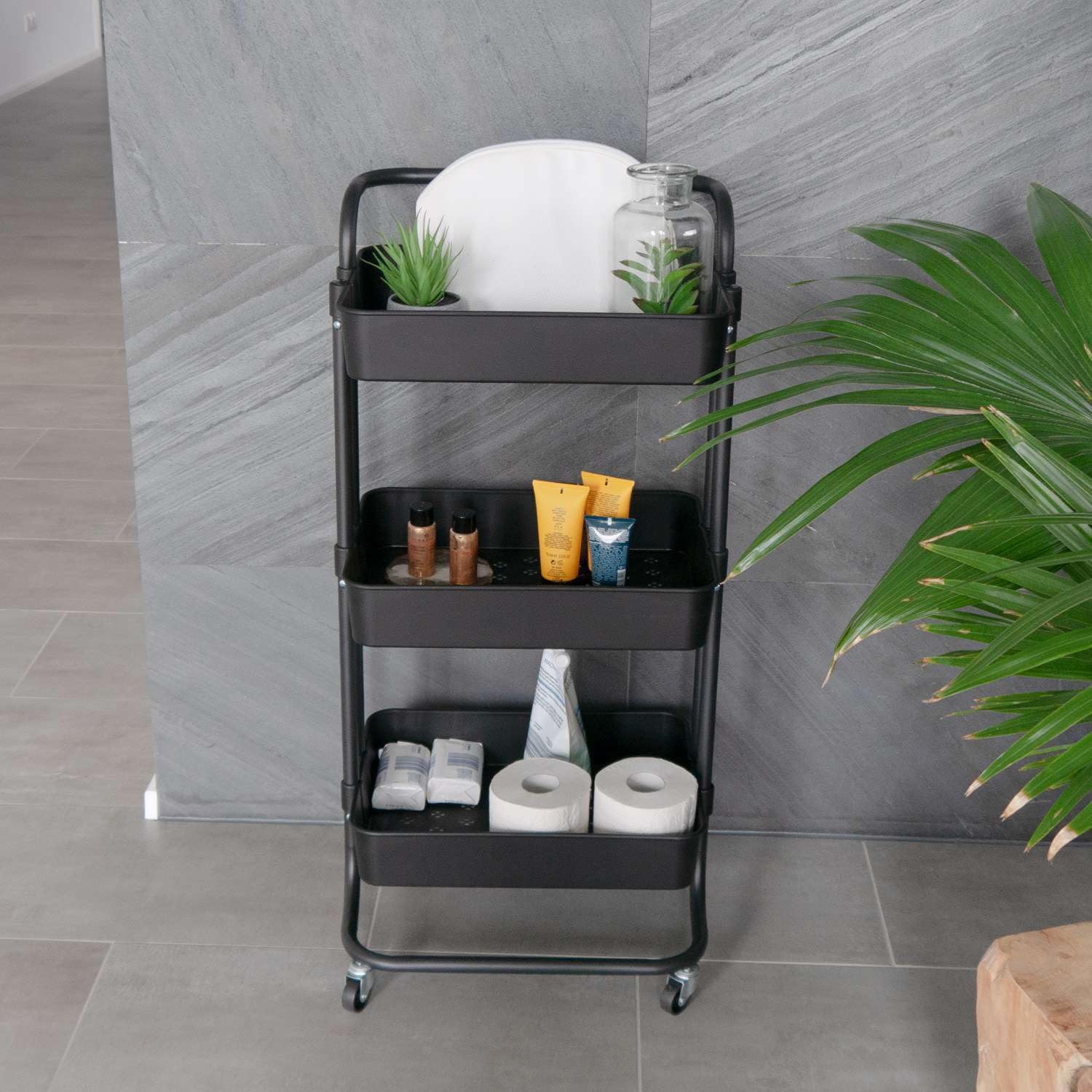 Intirilife Rollwagen 3 Ebenen Schwarz Servierwagen 42x37cm