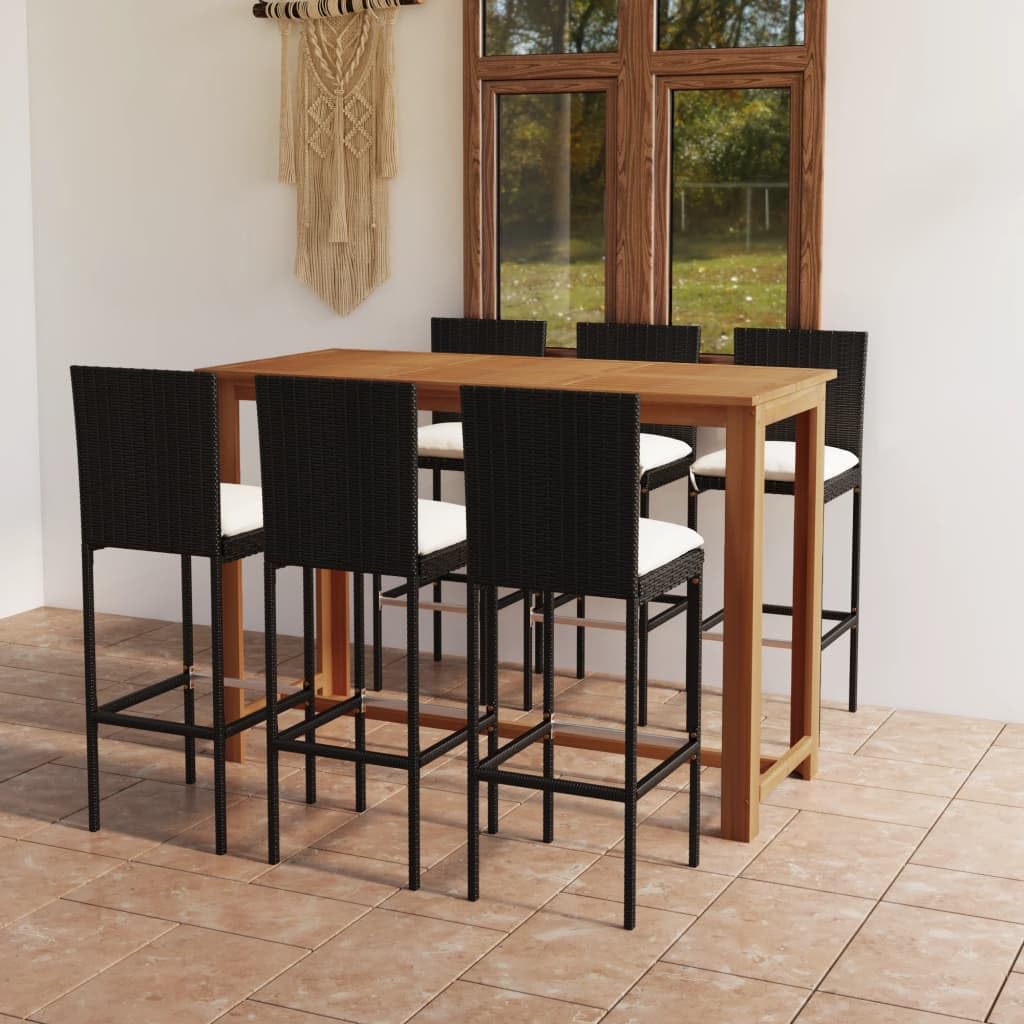 vidaXL Gartenbar Set 7-tlg Schwarz Rattan Akazie mit Kissen
